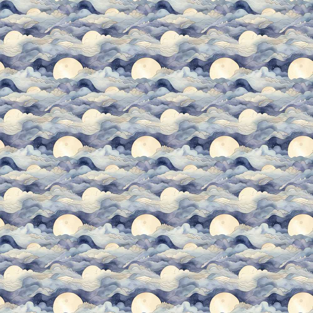 Layered Clouds and Moon Dreamscape Cosmic Illustration Pattern