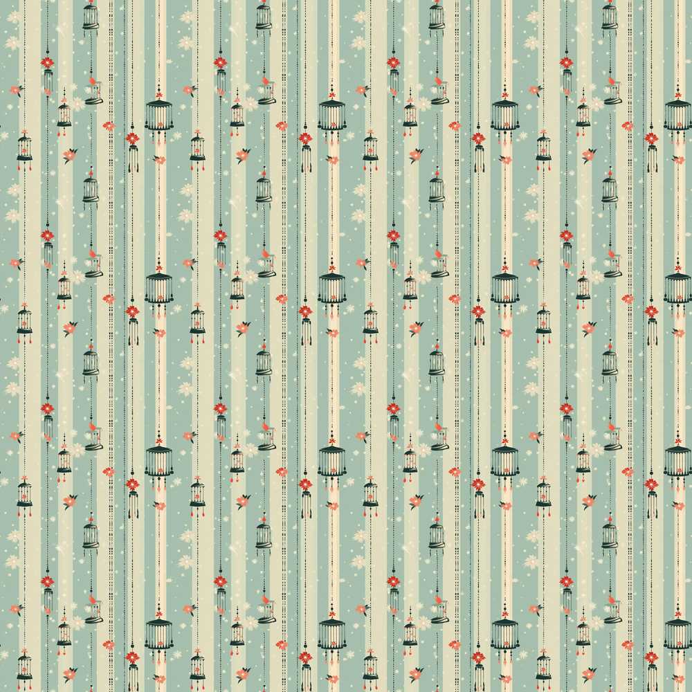 Classic Decorative Birdcages Floral Stripe Wildflower Pattern Botanical