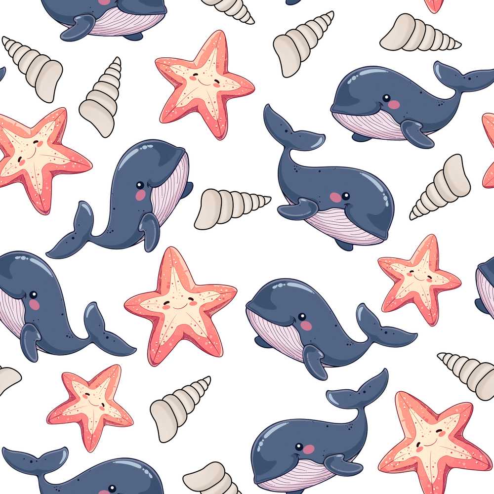 Cute Cartoon Whales Starfish and Seashells Decorative Repeat
