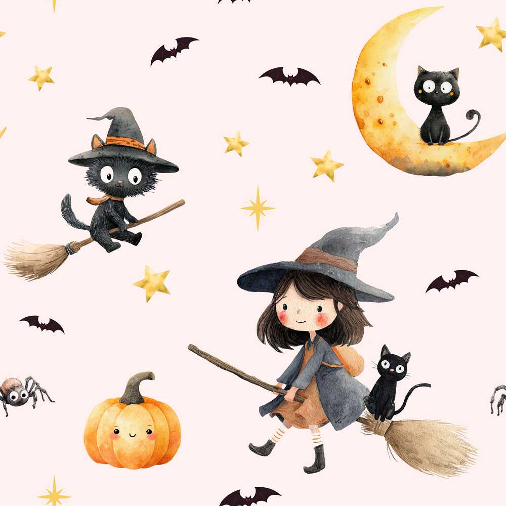 Cute BlackCat in Witch Hat with Bats and Stars Pink