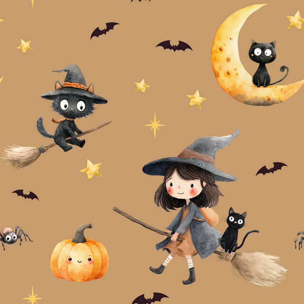 Cute Halloween Witch Girl with Pumpkin Bats and Moon Warm