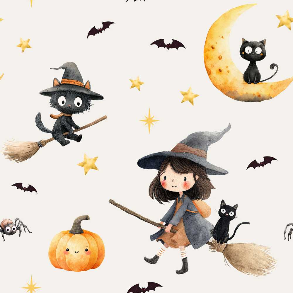 Cute Halloween Witch Girl Cat and Crescent Moon Light Grey