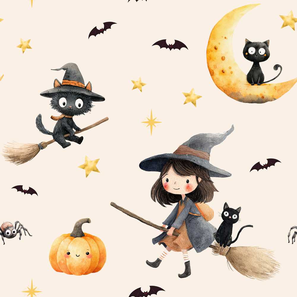 Cute Witch Girl and Black Cat with Stars and Moon