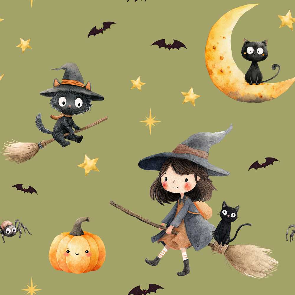 Halloween Witch Girl Flying with Cat, Bats, Stars Olive Green