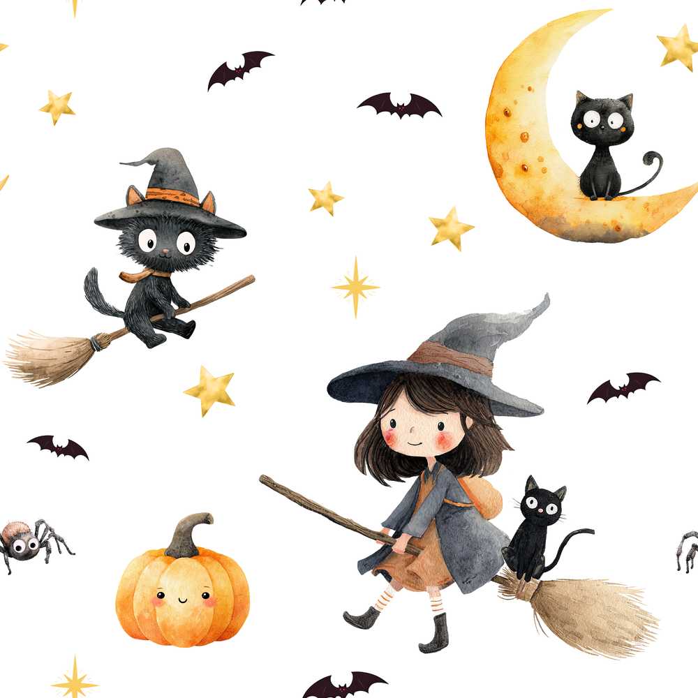 Halloween Witch Girl with Black Cats Moon and Stars Light