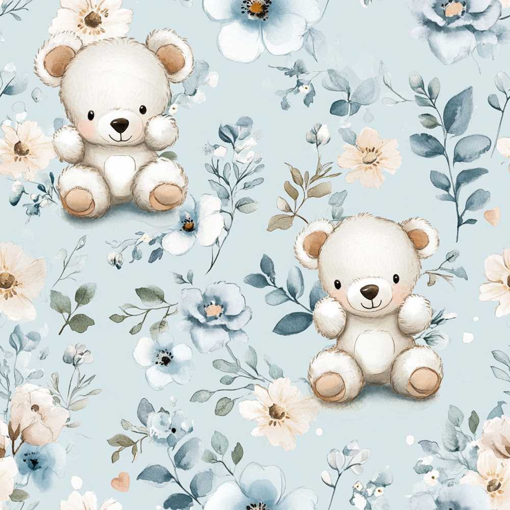 Cute Teddy Bears with Soft Blue Floral Background Wildflower