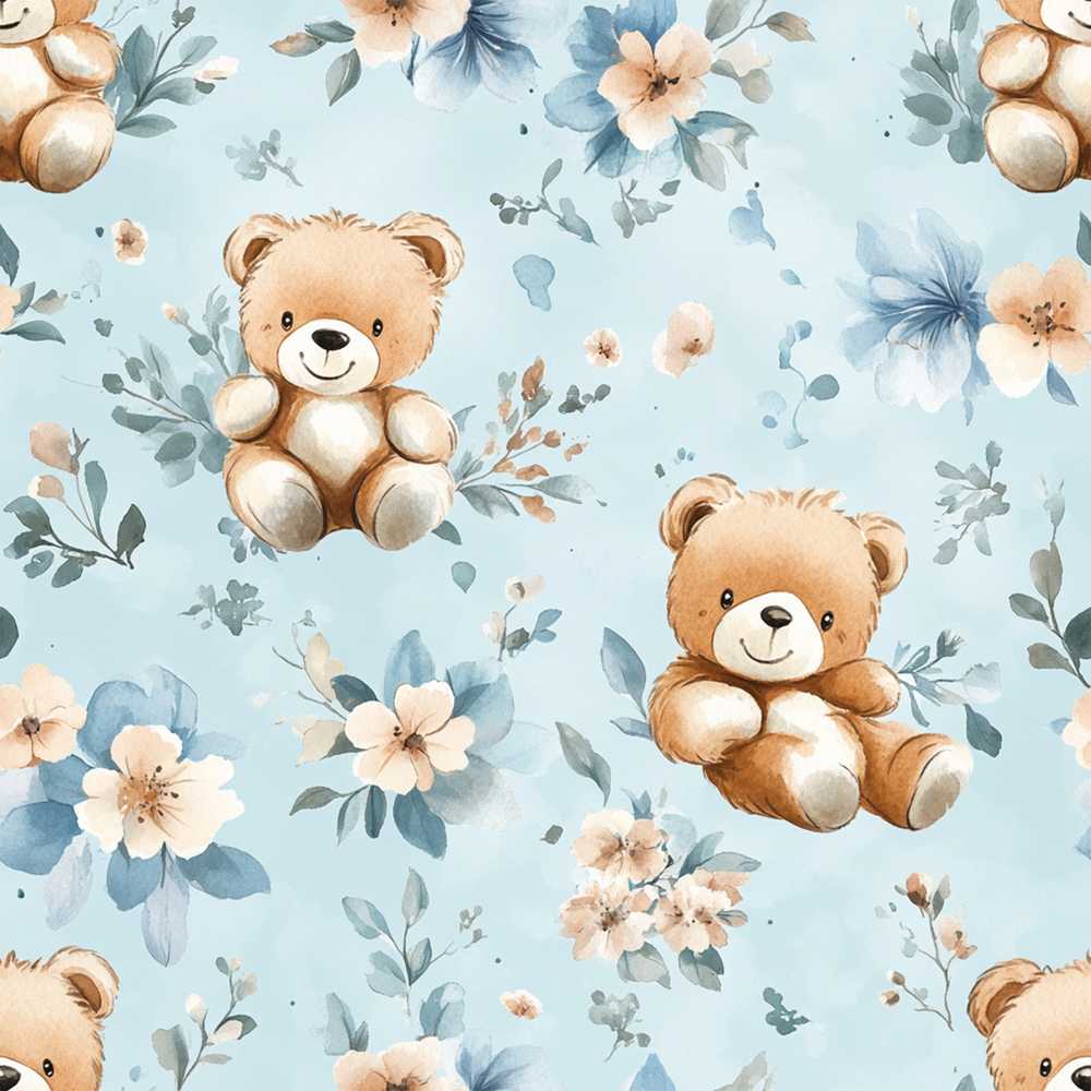 Cute Teddy Bears with Blue Floral Background Wildflower Pattern