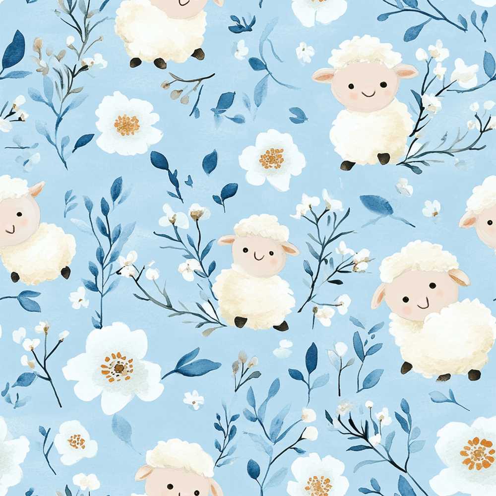 Cute Baby Sheep Lambs with Blue Floral Background Wildflower