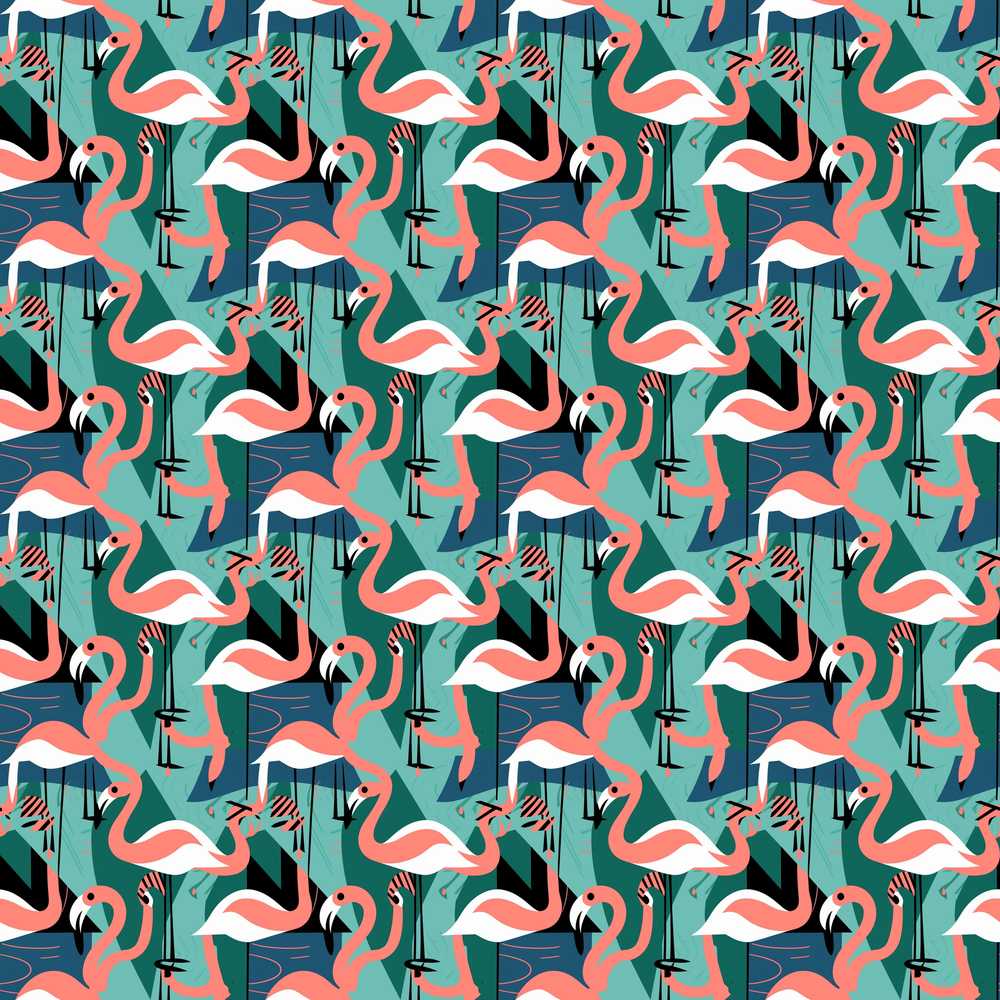 Modern Flamingo Birds with Geometric Jungle Background Repeat