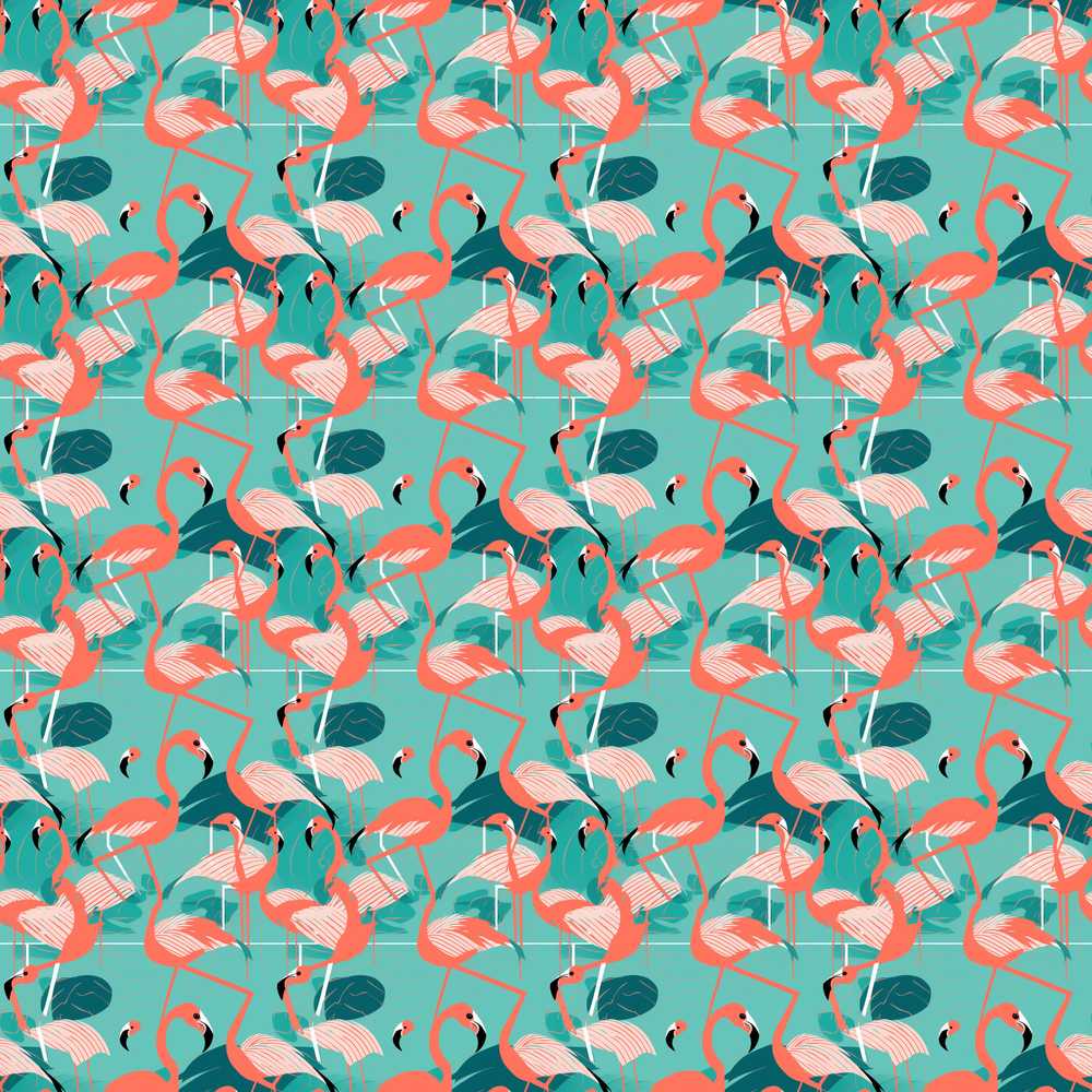 Modern Flamingo Birds with Teal Tropical Leaves Wildflower Pattern