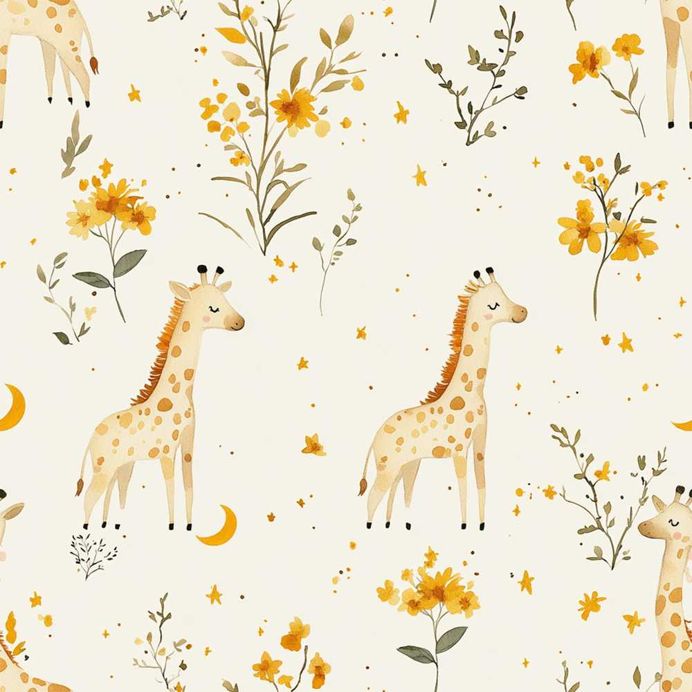 Cute Baby Giraffes with Yellow Floral Elements Wildflower Pattern