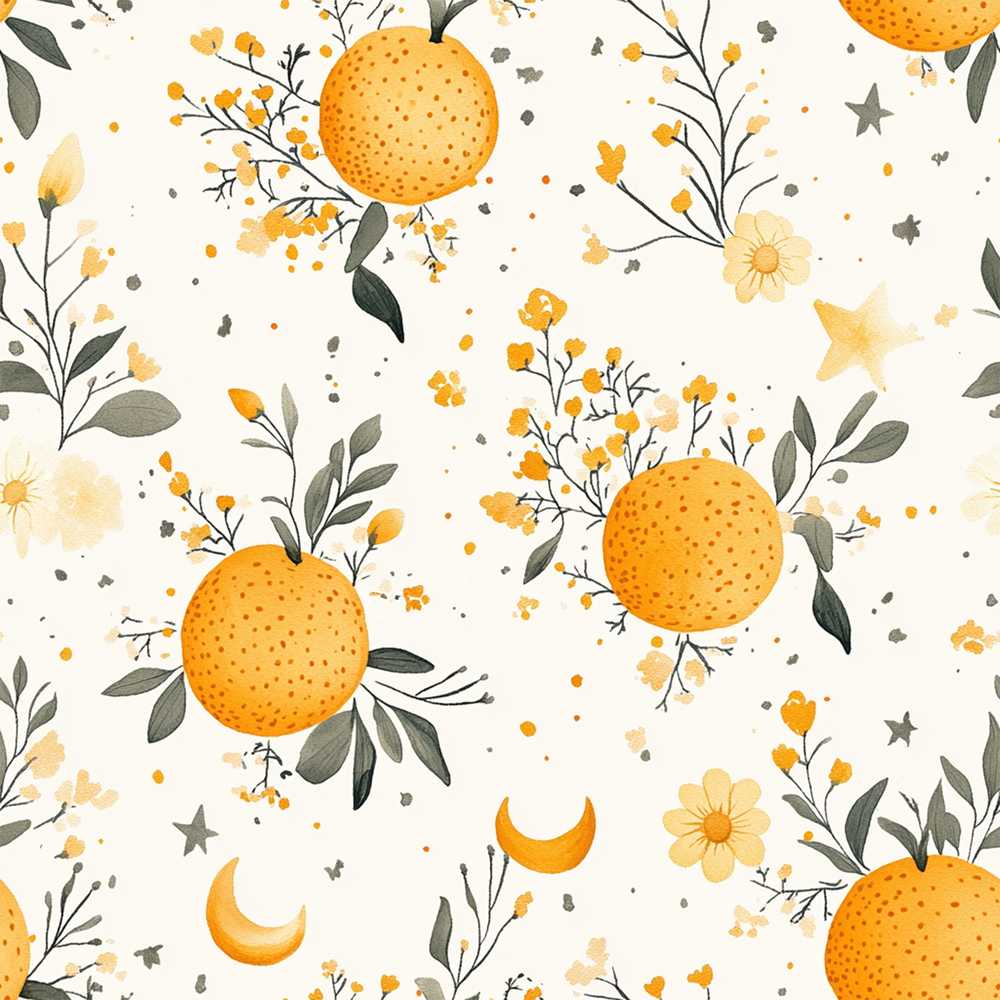Fresh Oranges with Delicate Floral Botanical Seamless Wildflower Pattern