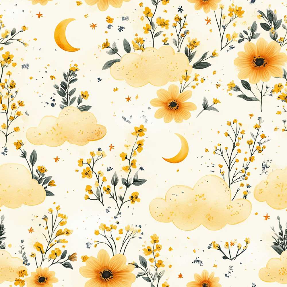 Soft Yellow Clouds Moon and Floral Dream Seamless Wildflower