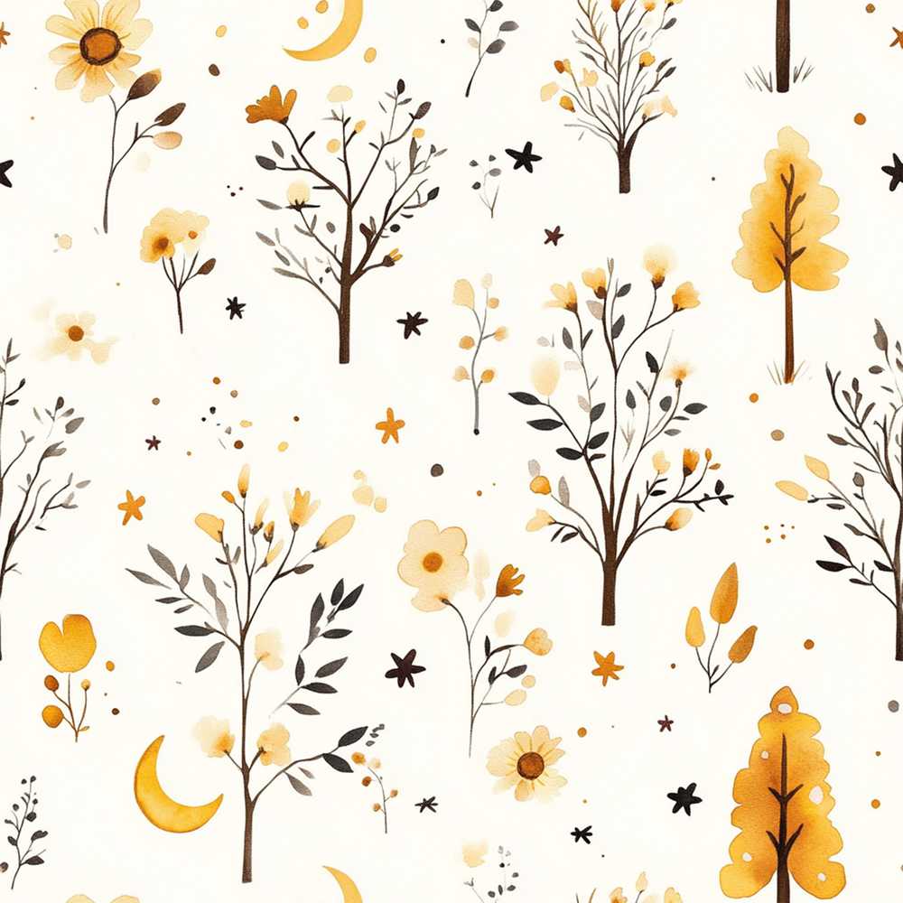 Minimal Autumn Trees and Delicate Floral Elements Wildflower Pattern