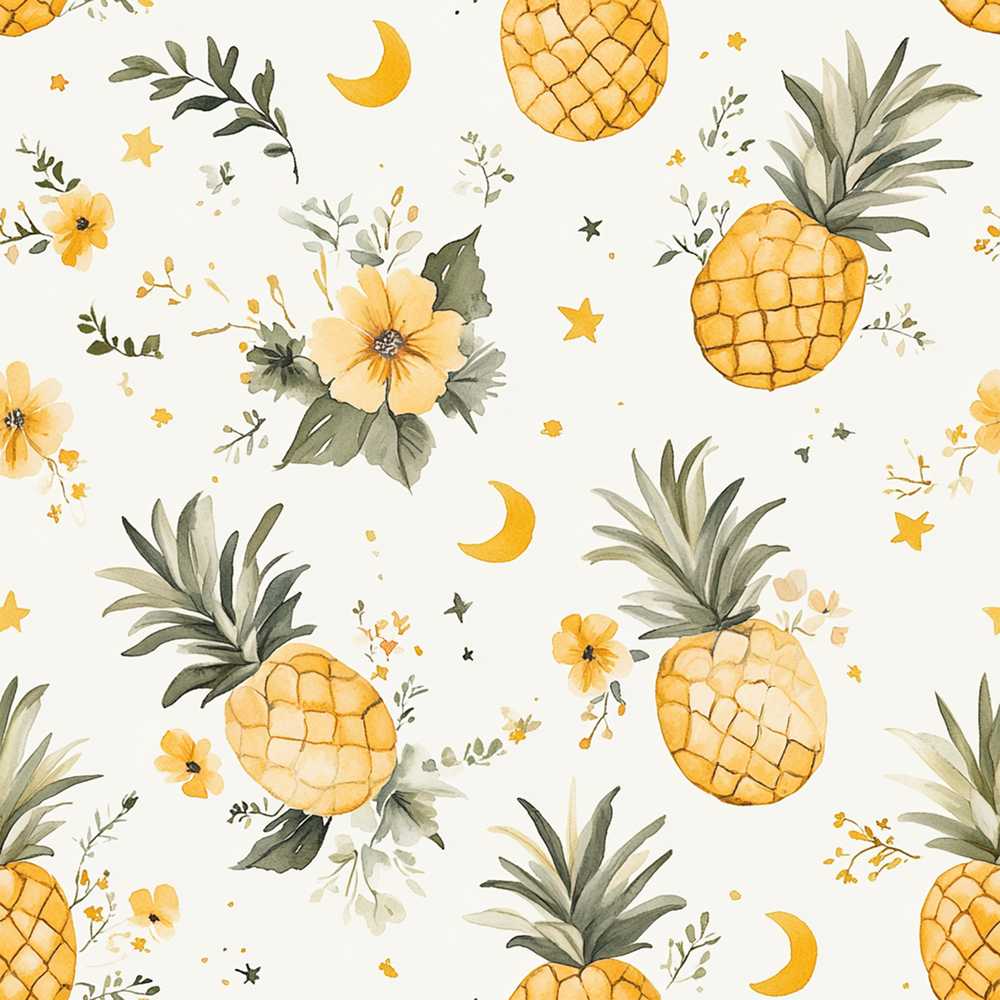Watercolor Pineapples with Soft Floral Botanical Seamless Wildflower Pattern