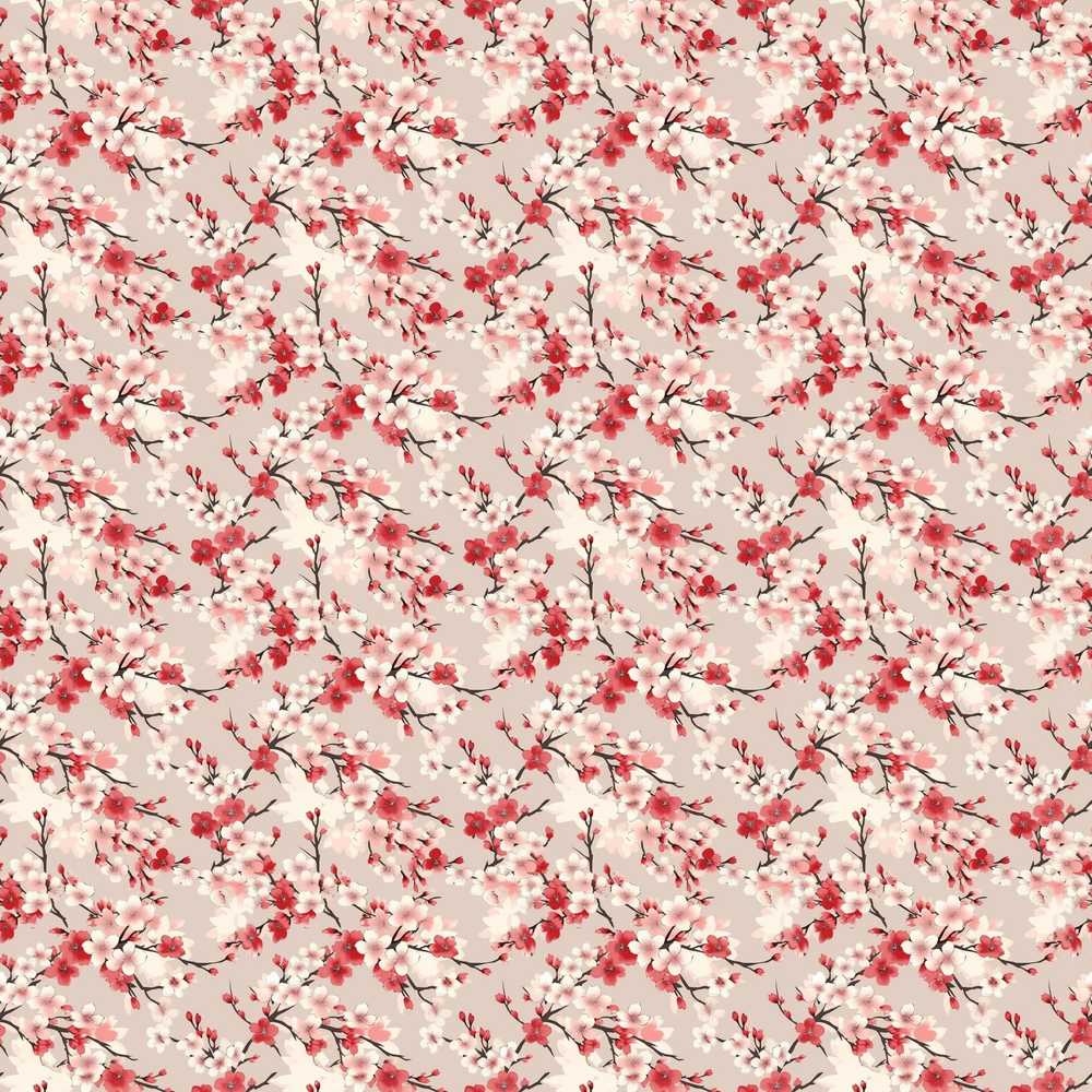 Red and White Cherry Blossom Floral Beige Wildflower Pattern