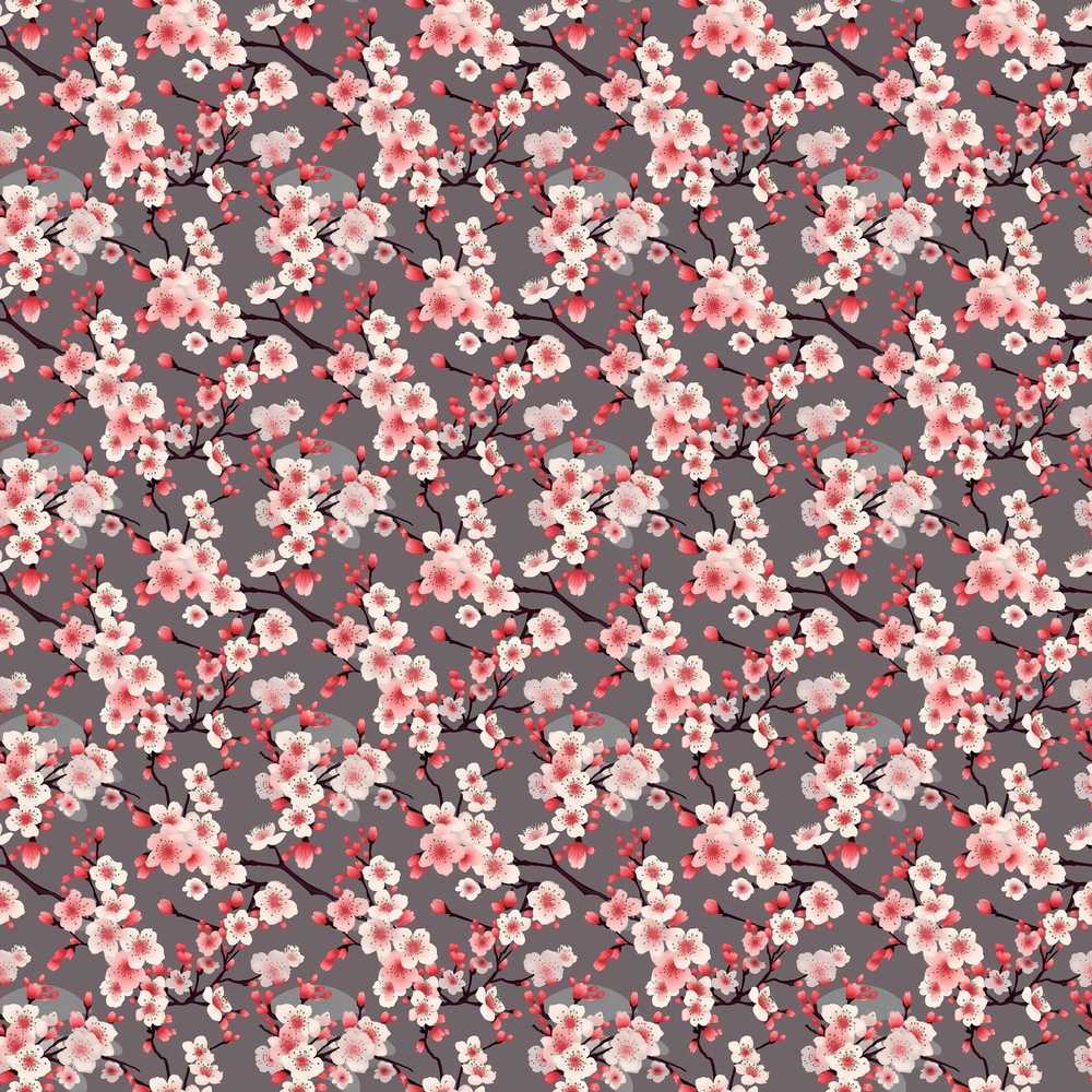 Cherry Blossom Branches Grey Background Elegant Wildflower Pattern Botanical