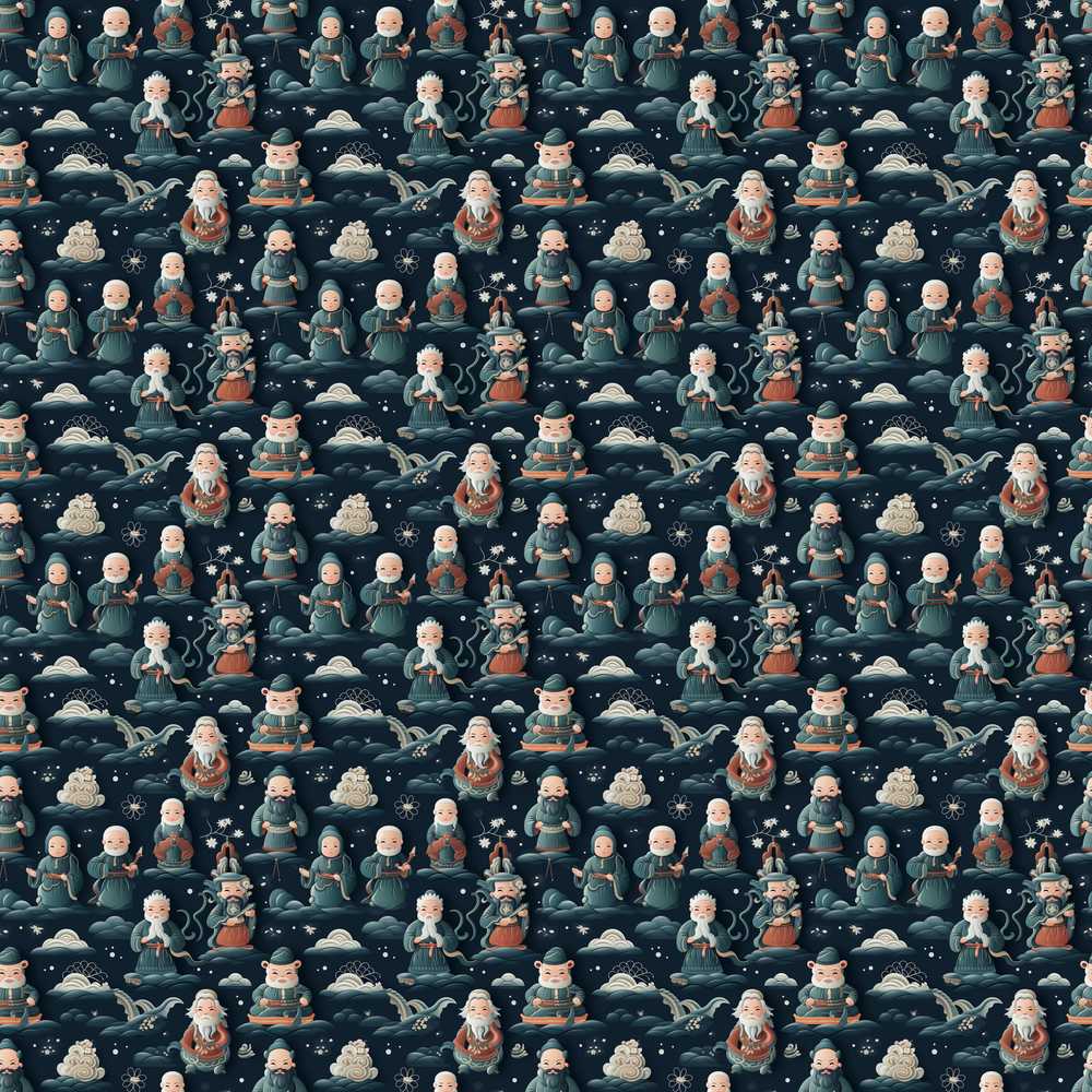 Cute Asian Elder Characters Traditional Theme Decorative Repeat