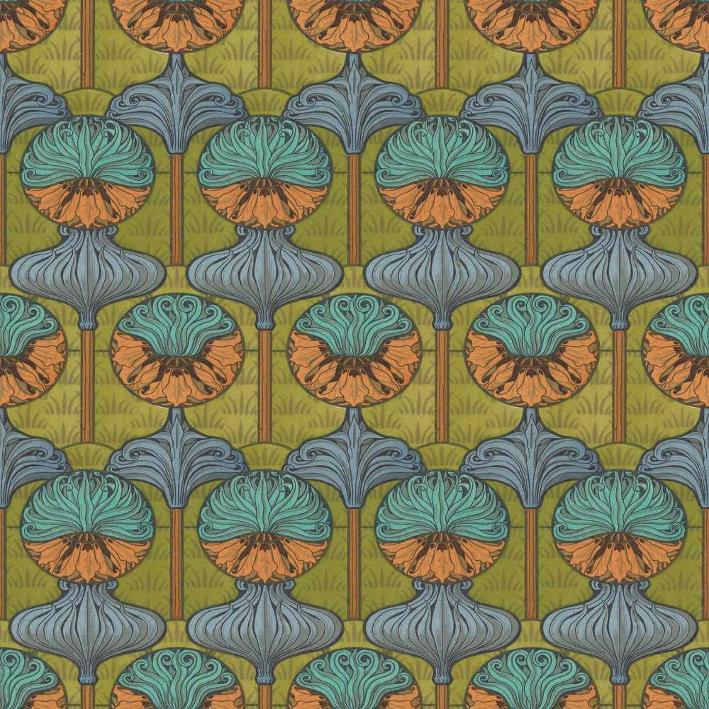 Art Nouveau Geometric Floral Motif Green Background Wildflower Pattern