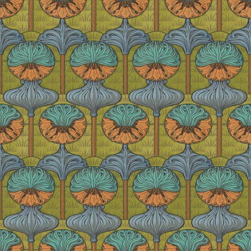 Art Nouveau Geometric Floral Motif Green Background Wildflower Pattern