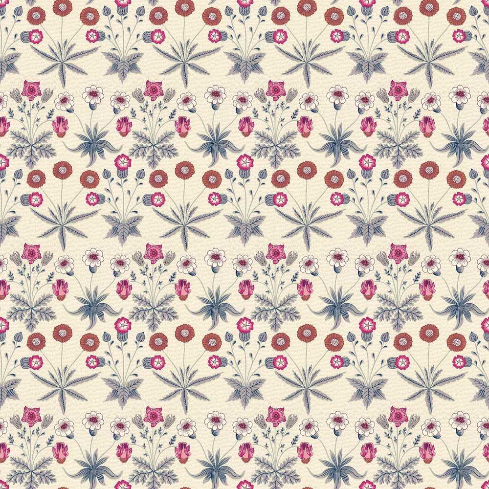 Vintage Meadow Floral with Pink Blooms and Blue Leaves