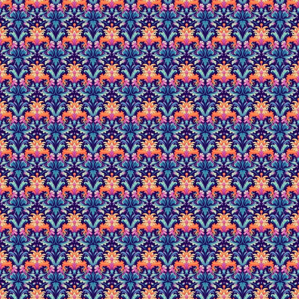 Vibrant Ornate Floral Damask with Bold Orange and Teal