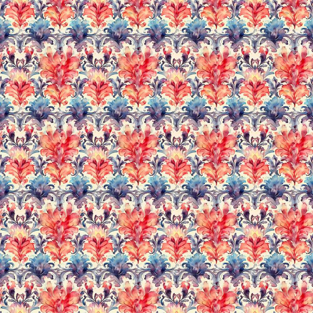Soft Watercolor Coral and Blue Floral Damask Wildflower Pattern