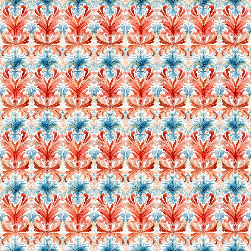 Light Coral and Sky Blue Watercolor Floral Damask Wildflower