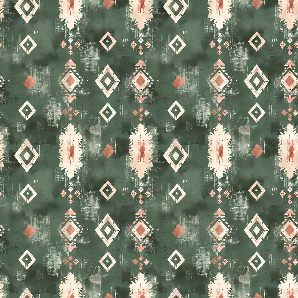 Rustic Green Tribal Ikat Geometric Repeat Pattern Decorative