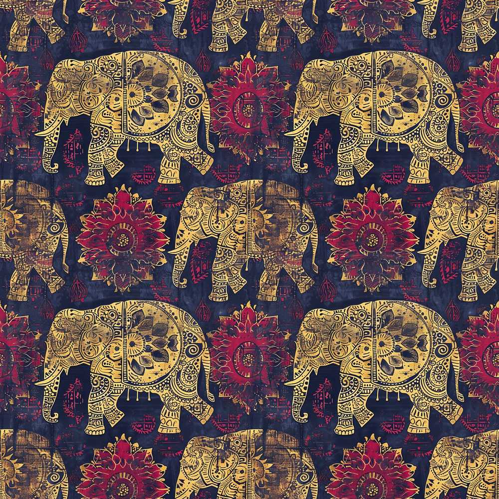 Vintage Elephant and Floral Ethnic Wildflower Pattern Botanical