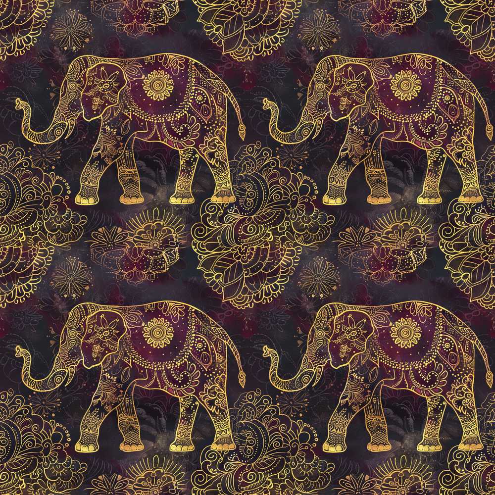 Elegant Gold Line Elephant and Paisley Illustration Repeat