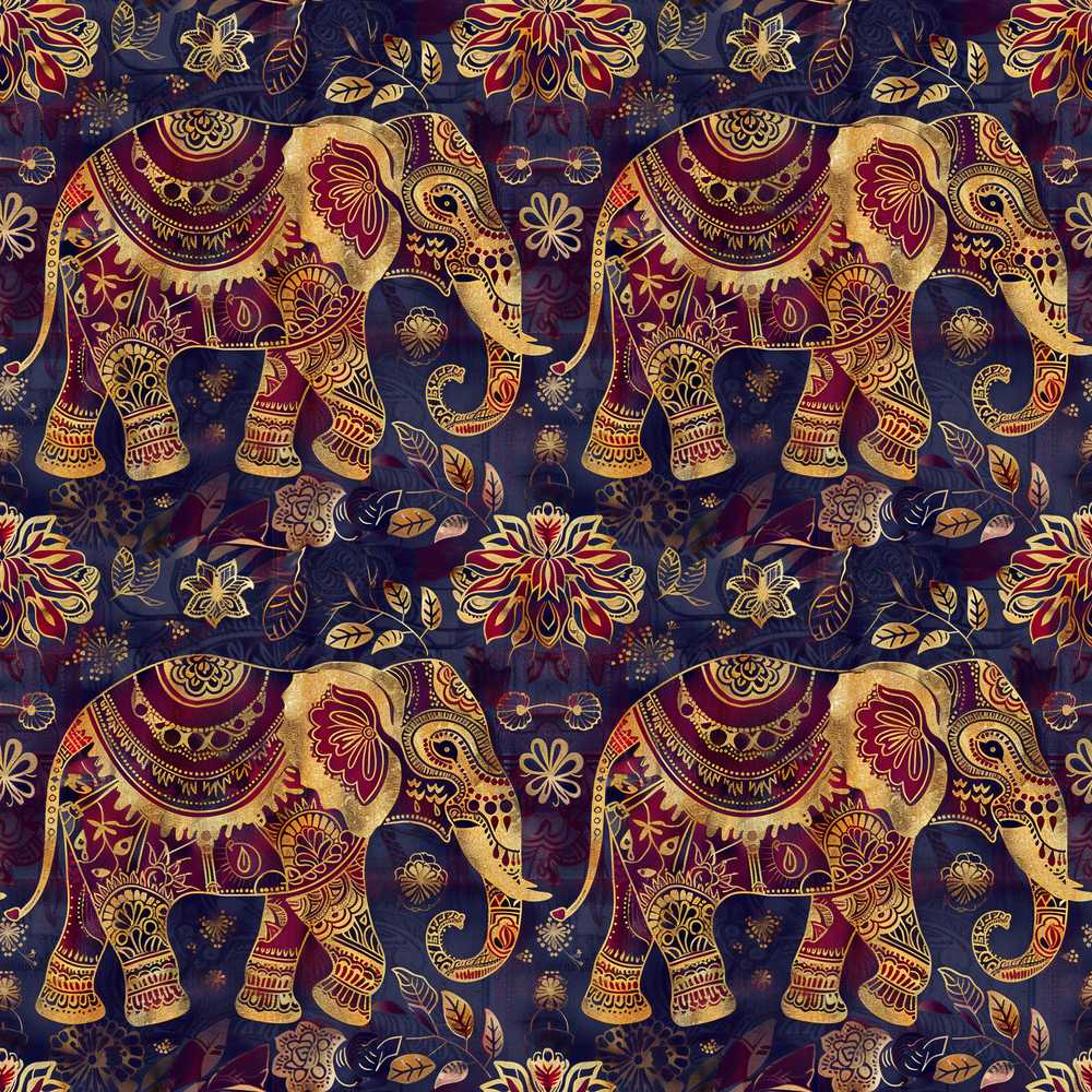 Rich Burgundy and Gold Elephant Ethnic Illustration Repeat