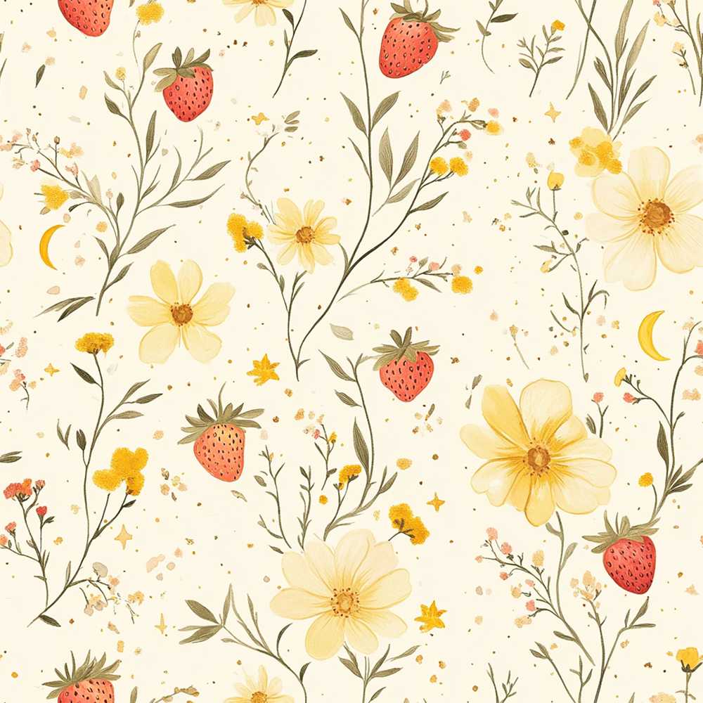 Delicate Strawberry and Wildflower Botanical Pattern Decorative