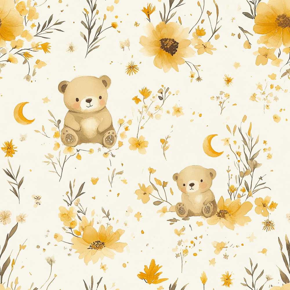 Cute Teddy Bears with Yellow Flowers Wildflower Pattern Botanical