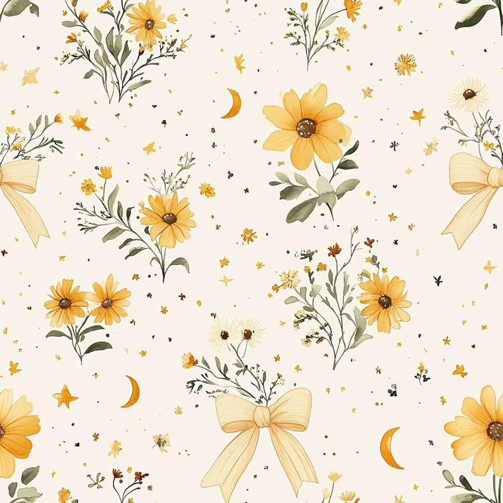 Yellow Wildflower Botanical with Moon and Stars Pattern