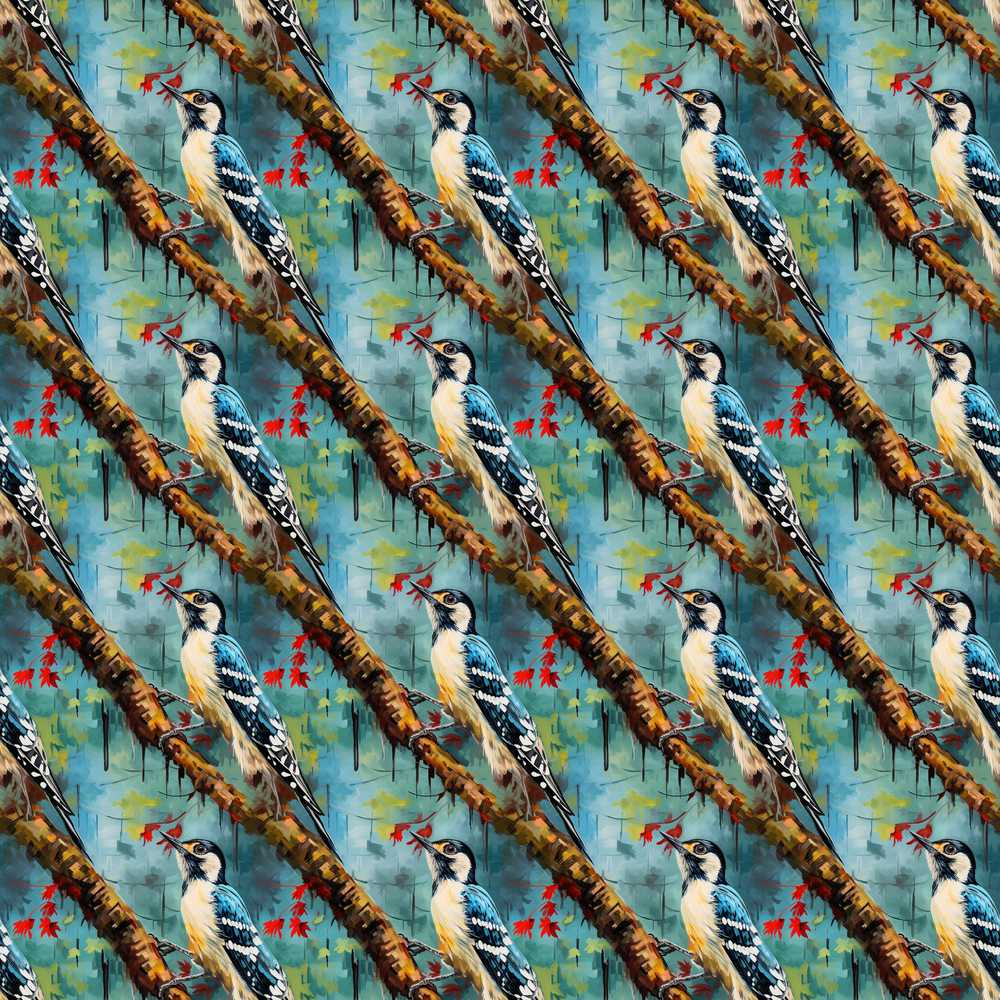 Artistic Blue Woodpecker on Tree Branch Decorative Repeat