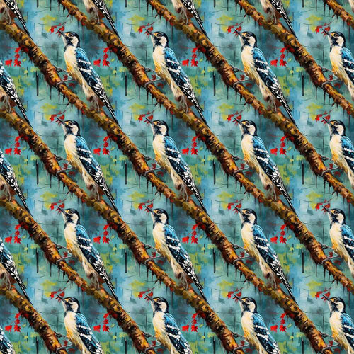 Artistic Blue Woodpecker on Tree Branch Decorative Repeat