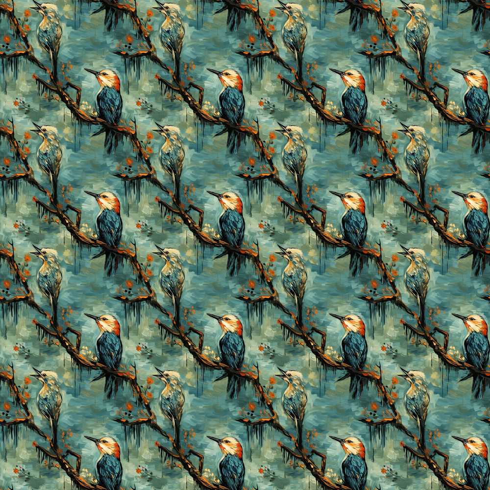 Painterly Blue and Orange Birds on Branch Decorative