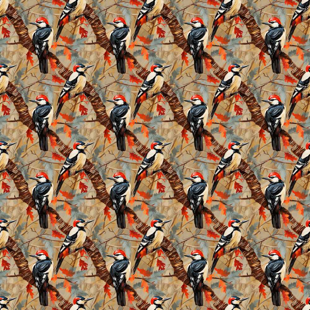 Autumn Woodpecker Birds with Orange Leaves Wildflower Pattern Botanical