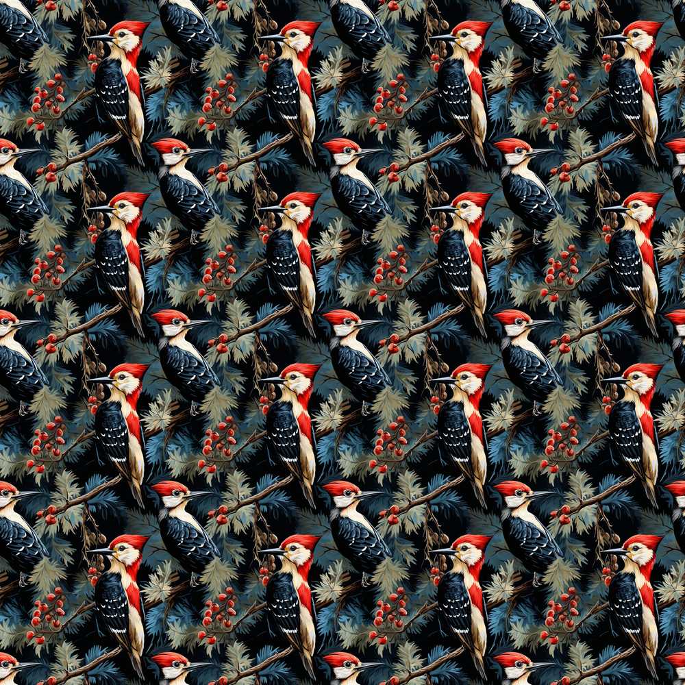 Dark Forest Woodpecker Birds with Berries Decorative Repeat