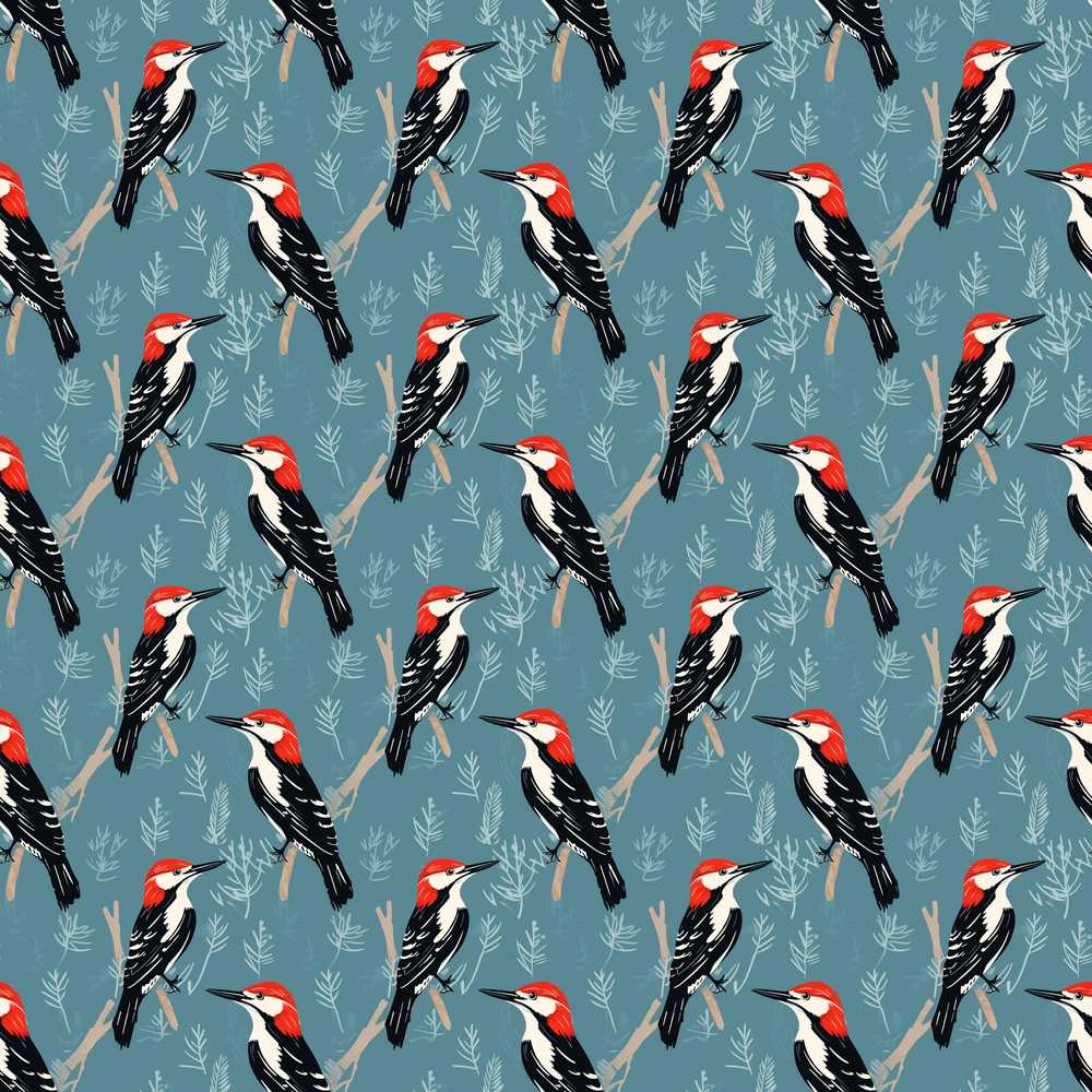Red Headed Woodpecker Birds on Blue Forest Background