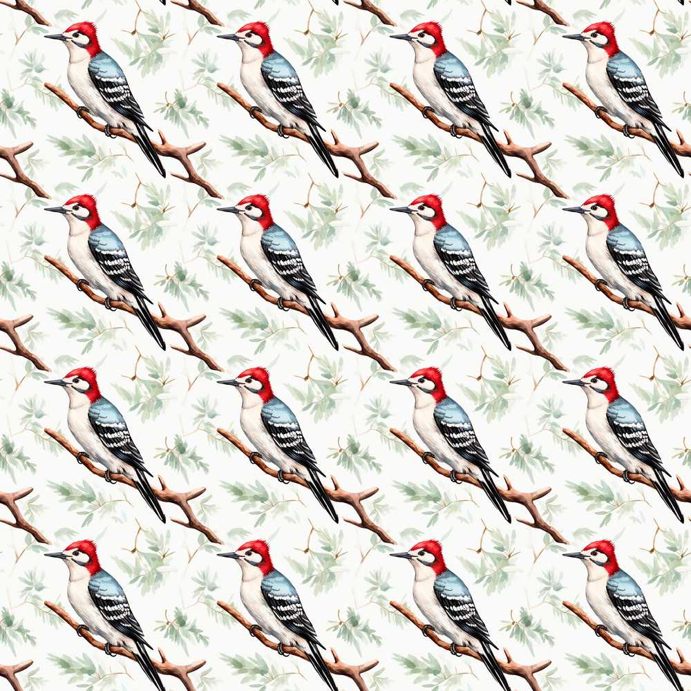 Realistic Woodpecker Birds on Tree Branch Decorative Repeat