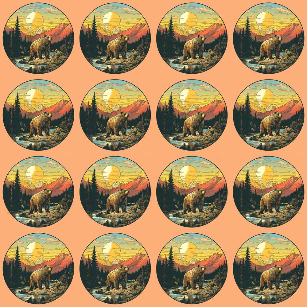 Wild Bear in Mountain Landscape Circle Illustration Repeat