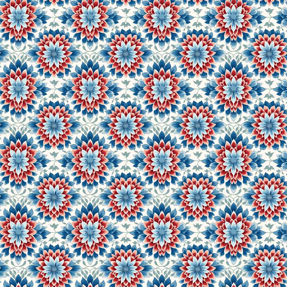 Blue and Red Floral Mandala Tile Wildflower Pattern Botanical