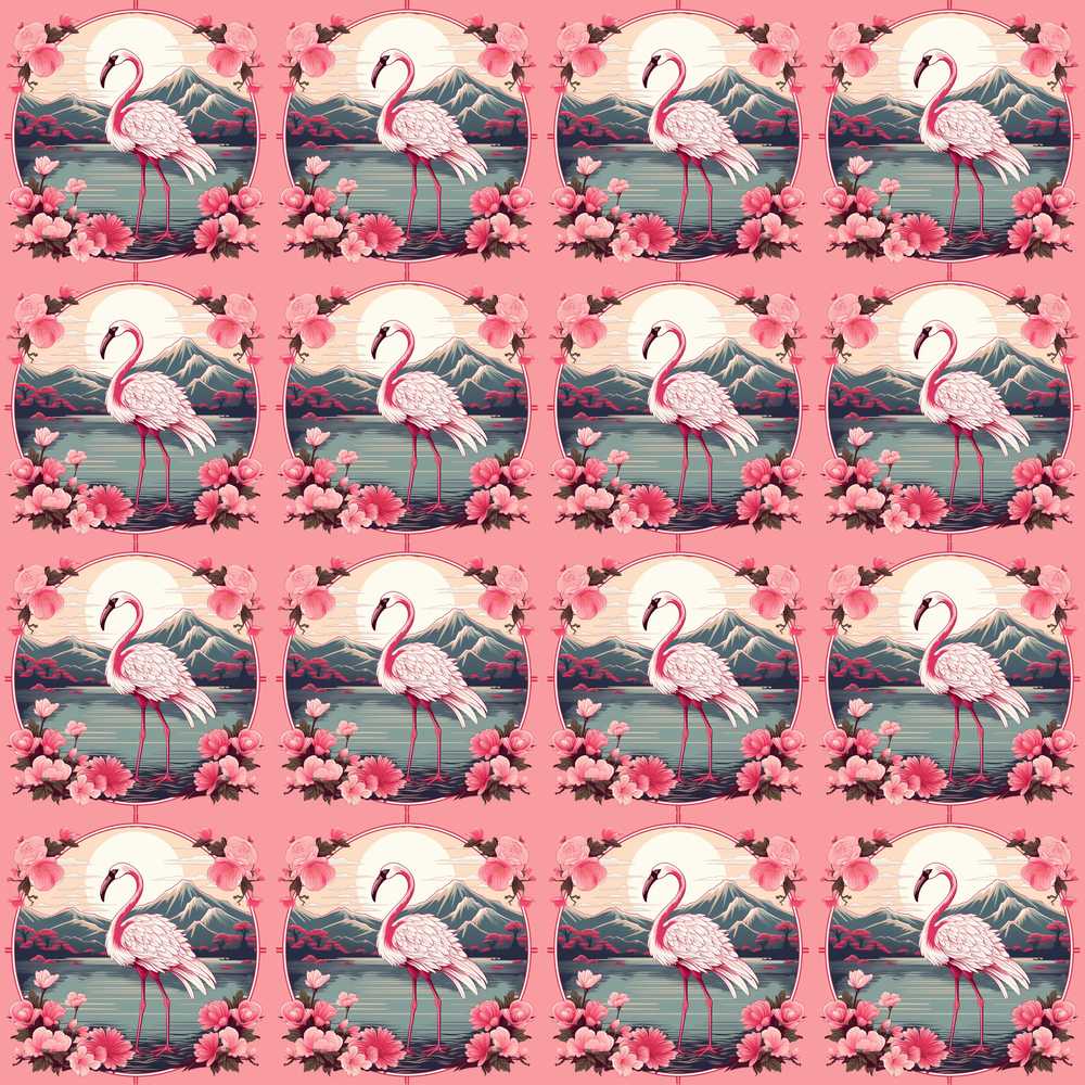 Elegant Flamingo with Cherry Blossom Lake Scene Wildflower Pattern