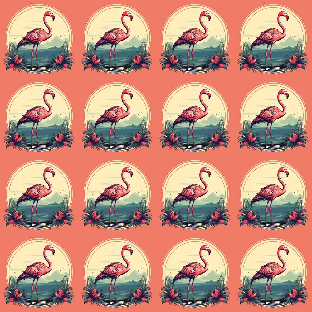 Tropical Flamingo Sunset Landscape Circle Decorative Repeat Pattern