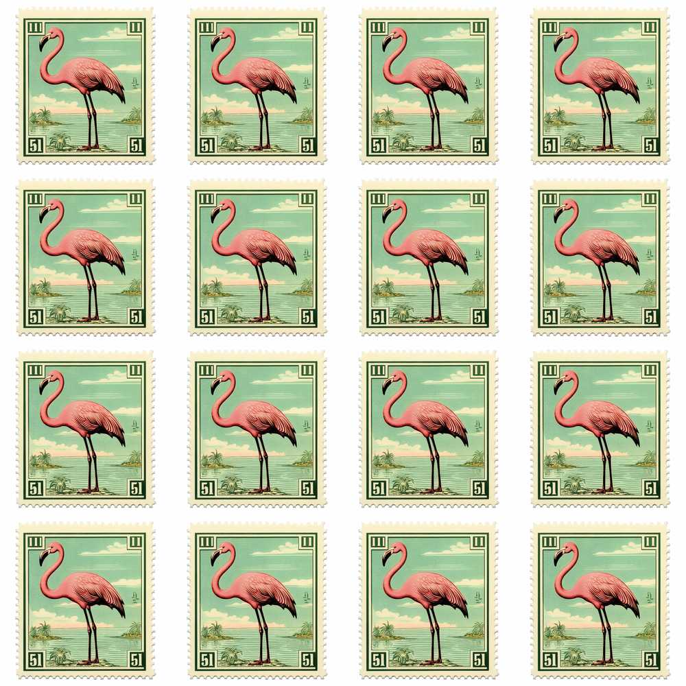 Vintage Flamingo Postage Stamp Style Decorative Repeat Pattern