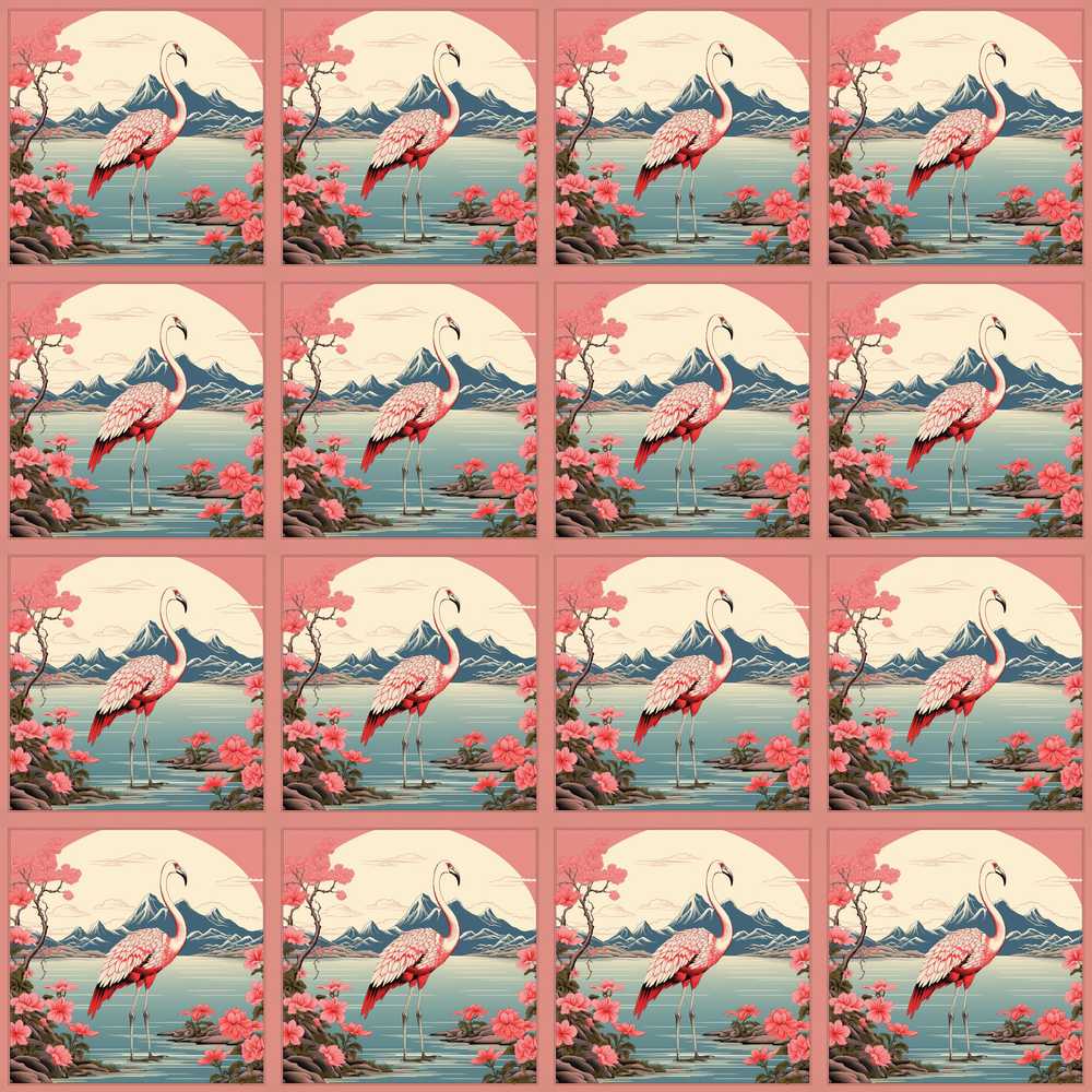 Elegant Flamingo Lake with Cherry Blossom and Mountain Scene