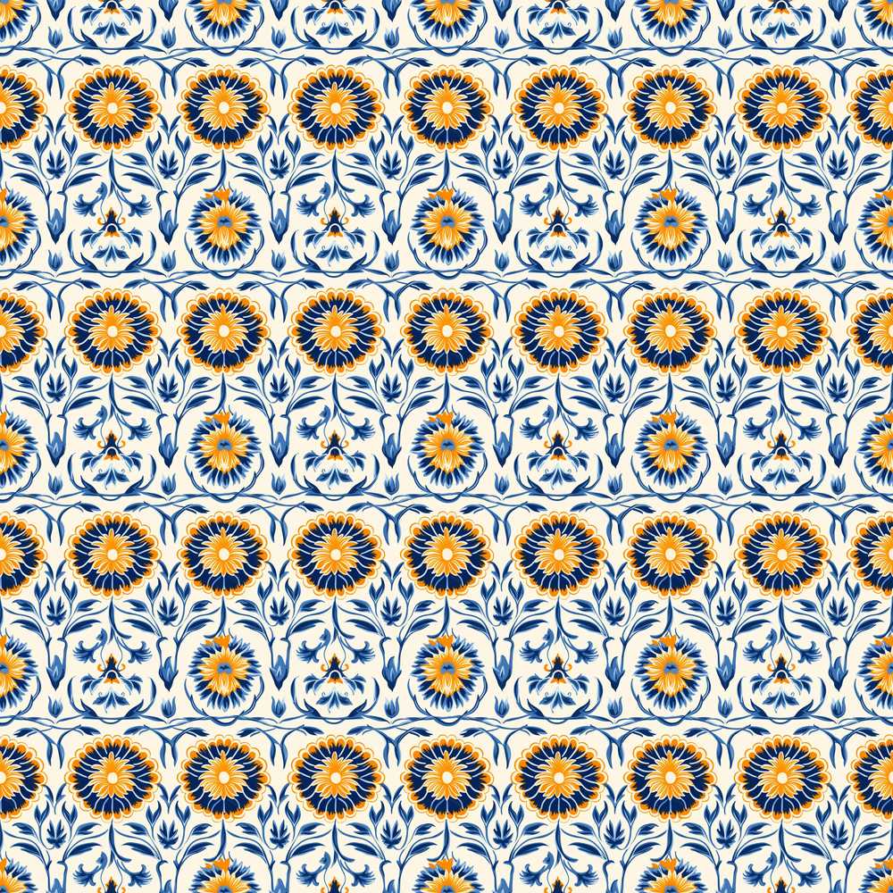Blue and Yellow Folk Art Floral Tile Wildflower Pattern