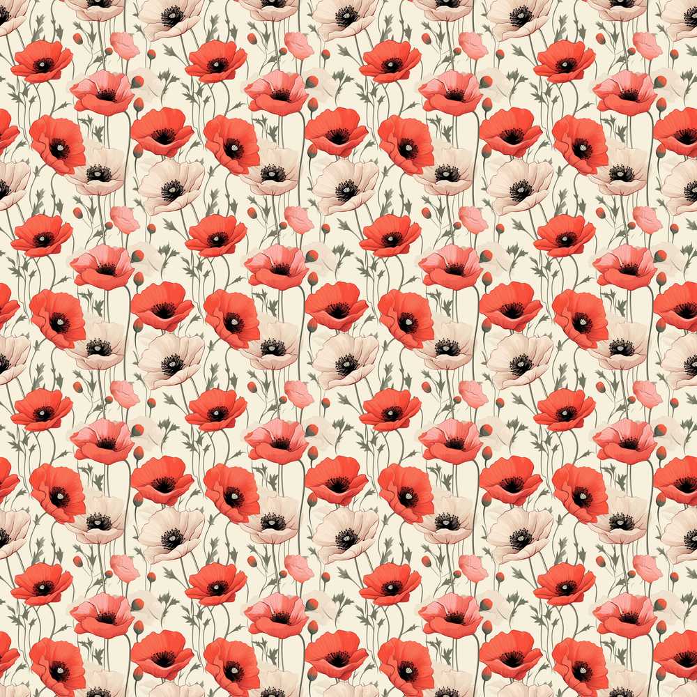 Soft Red and Cream Poppy Meadow Decorative Repeat